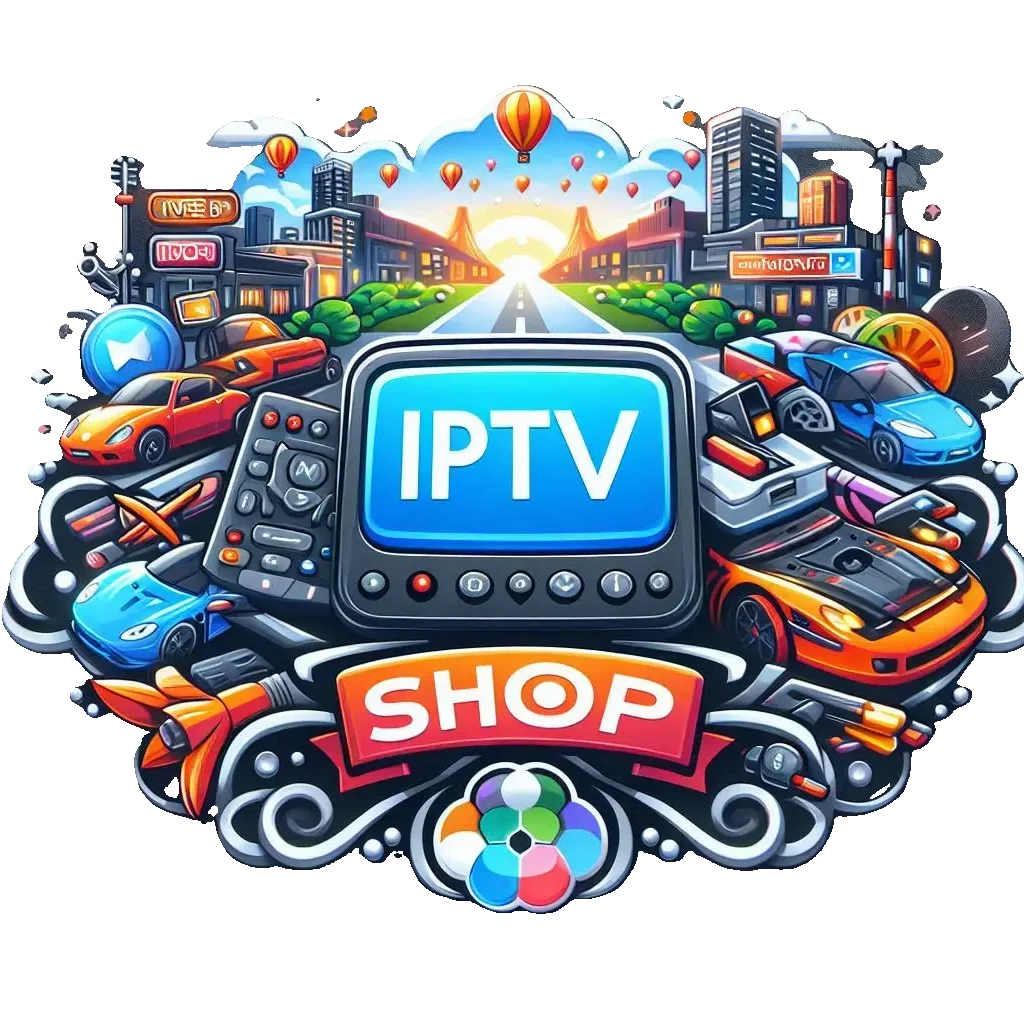 A smart TV displaying the IPTVSHOP interface with various streaming options.